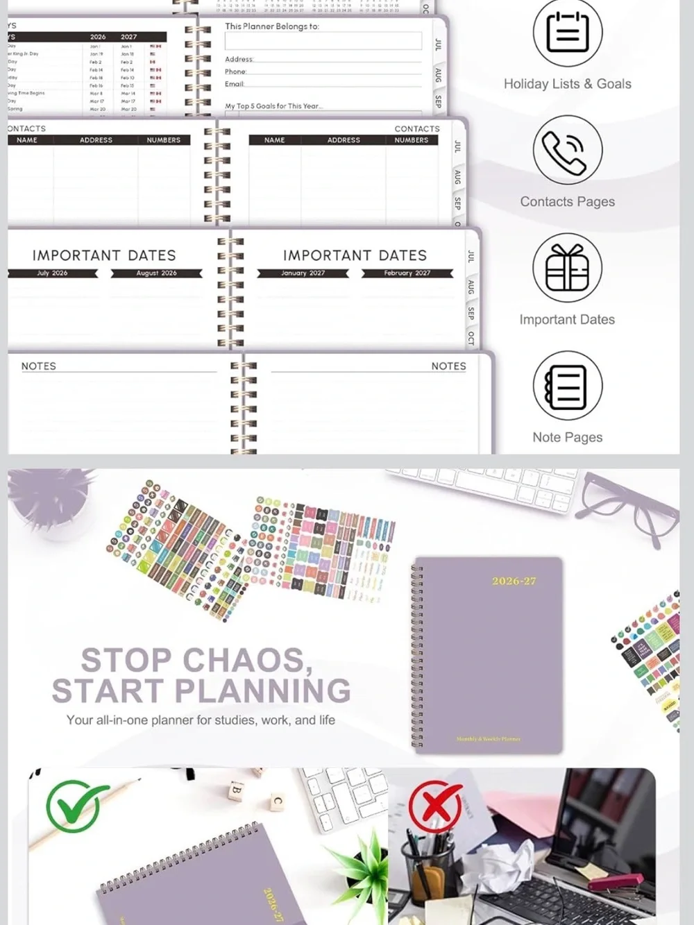 2026-27 Academic Planner Spiral Notebook - Lavender Weekly & Monthly Organizer